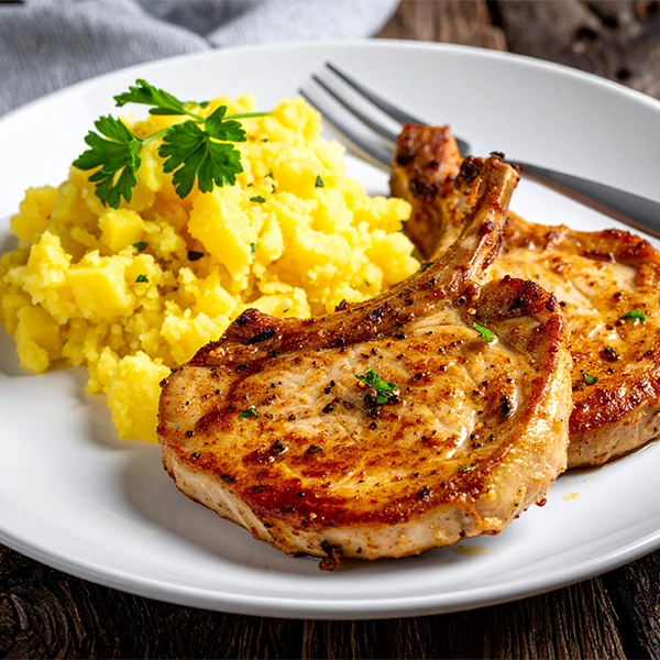 Mustard & Lemon Crusted Pork Chops with diced Swede & Mash